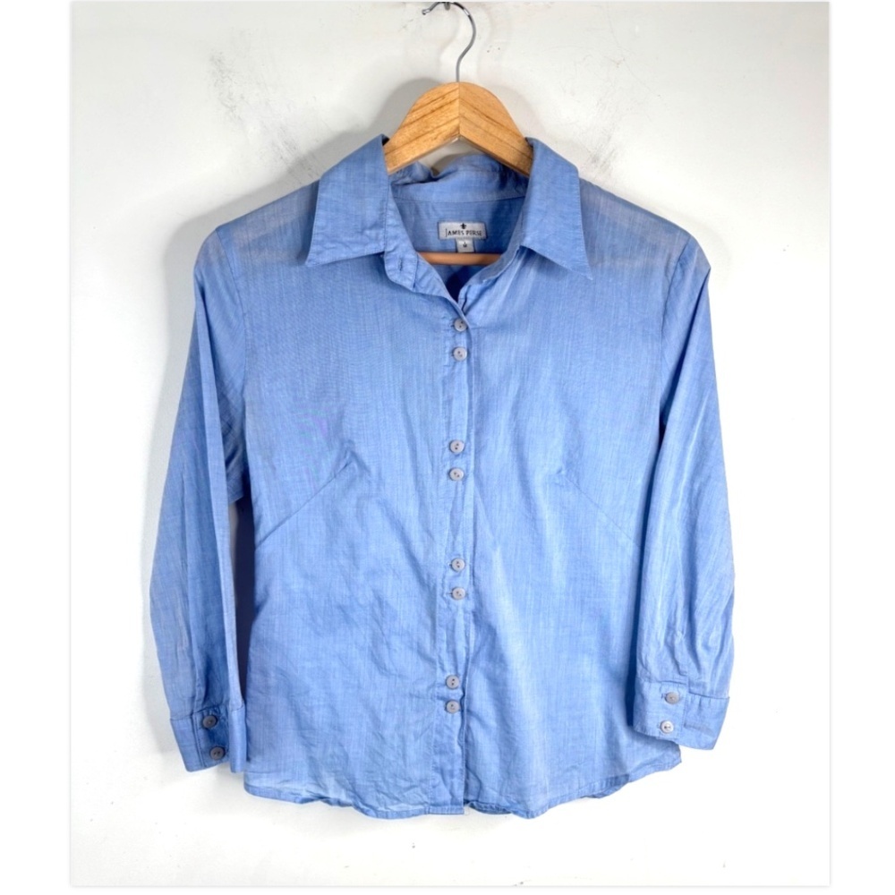 James Perse Button Down Top M Blue Made in USA 100% Cotton 3/4 Minimalist Preppy